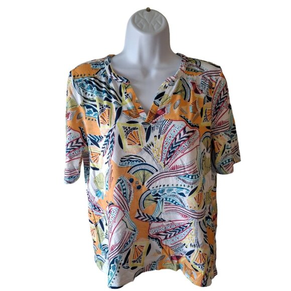 Chico's Short Sleeve V Neck Top Womens Medium Size 1 Abstract Print Orange White - Picture 1 of 7